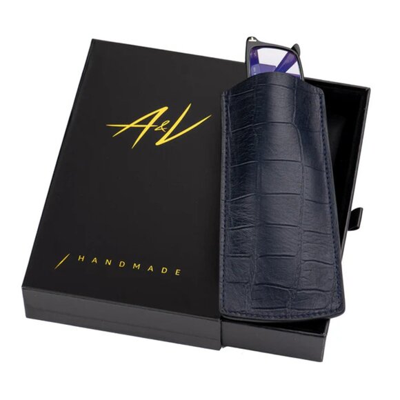 Handmade Calfskin Glasses Case – Exotic Skin Look - Deep Blue - Picture 2 of 3